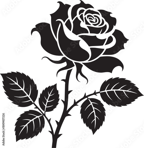 Black silhouette of a rose with leaves and thorns flower