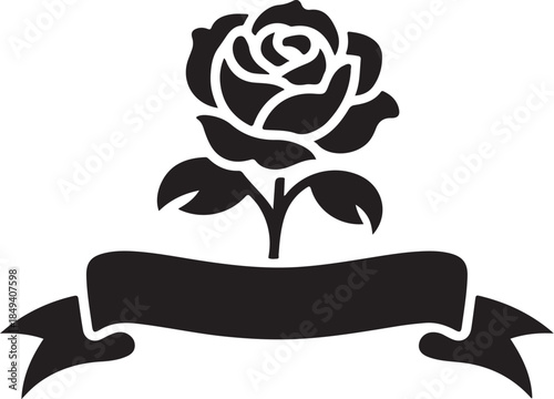 Black silhouette of a rose with a banner flower white