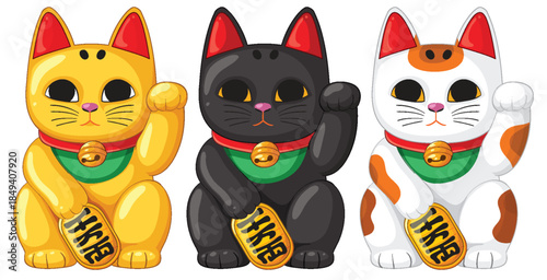 Three Maneki Neko Lucky Cats in Different Colors