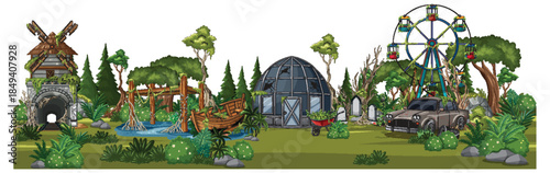 Whimsical Forest Amusement Park With Ferris Wheel and Cabin