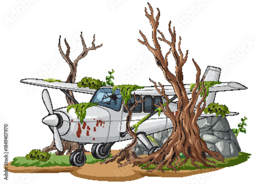 Small Abandoned Airplane Overgrown by Trees and Moss