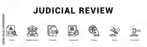 Judicial Review Modern and clean web banner illustration featuring thematic icons for visual communication