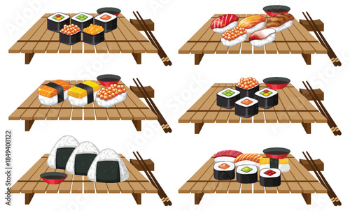 Assorted Sushi and Onigiri on Wooden Serving Boards