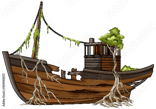 Old Wooden Ship Overtaken by Trees and Roots