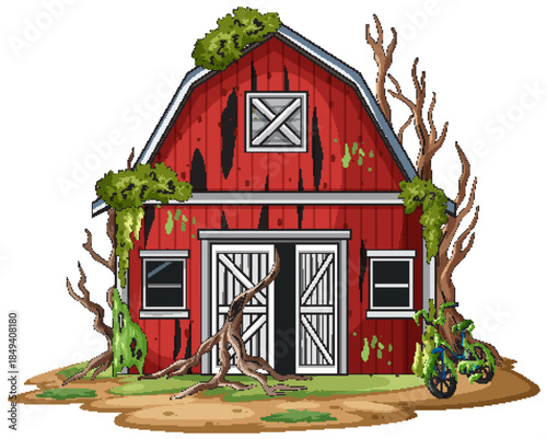 Abandoned Red Barn Overgrown with Trees and Moss