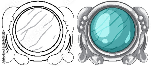 Ornate Round Mirror with Decorative Frame Vector Illustration
