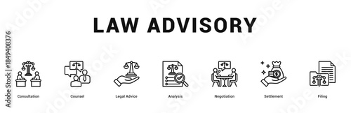 Law Advisory Modern and clean web banner illustration featuring thematic icons for visual communication