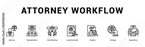 Attorney Workflow Modern and clean web banner illustration featuring thematic icons for visual communication