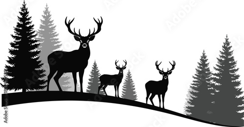 Forest Scene Silhouette with Deer, Majestic Stag and Two Smaller Bucks Standing on Hill, Pine Tree Landscape Vector, Wildlife Nature Hunting Background Banner, Black and White Graphic Design.