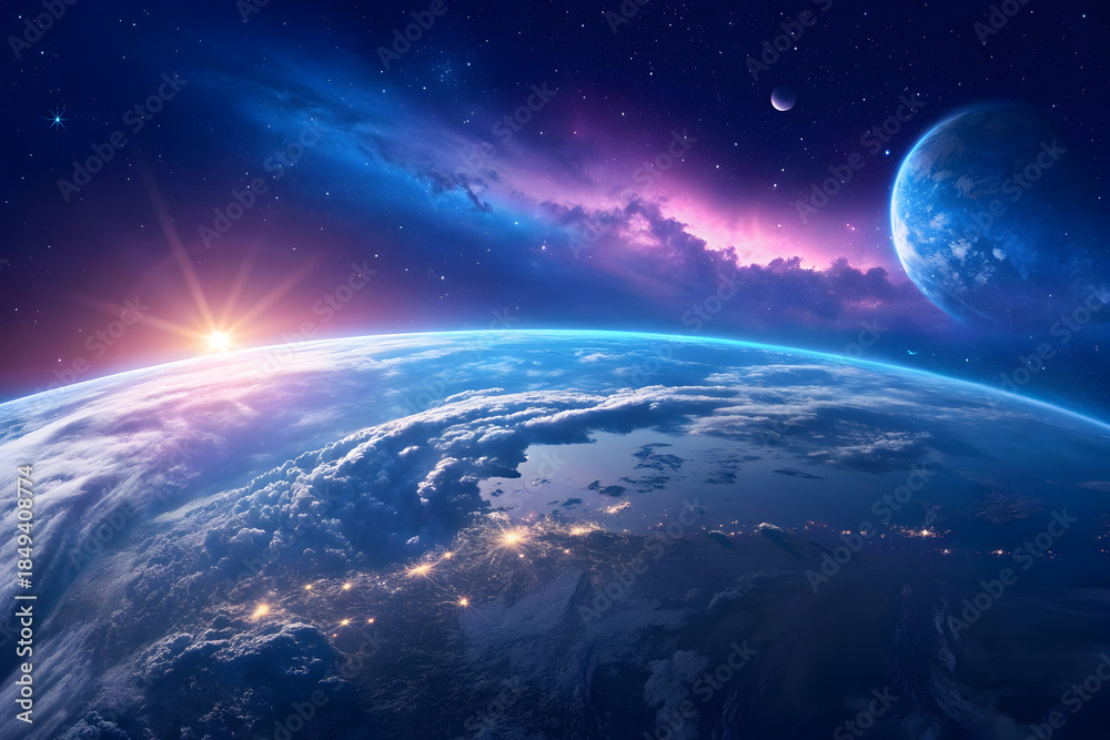 Obraz premium Earth Space Sunrise: Cosmic Planet & Galaxy Horizon on transparent background