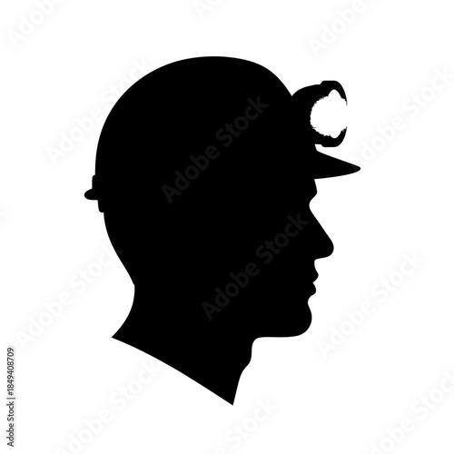 Miner Head Helmet Light Worker Avatar Black Silhouette Vector Icon Isolated on White Background for Industrial Design