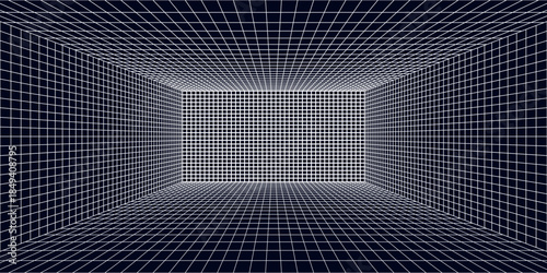 Room projection grid in futuristic 3d style. Outline futuristic grid background, room projection. Wireframe grid template in perspective view