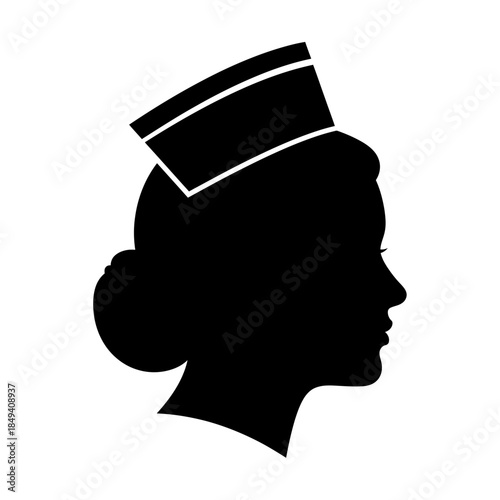Nurse Head Wearing Cap Hospital Avatar Black Silhouette Vector Icon Isolated on White Background for Medical Design