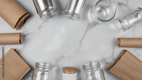 Empty glass jars and cardboard packaging on marble surface for product display or storage