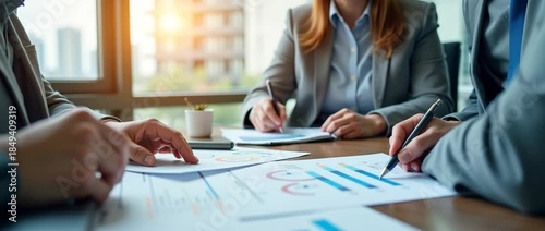 Business professionals collaborate in a sunlit office, hands writing and typing on laptops; the camera slowly pans across the table, capturing dynamic teamwork in a cinematic, modern setting.