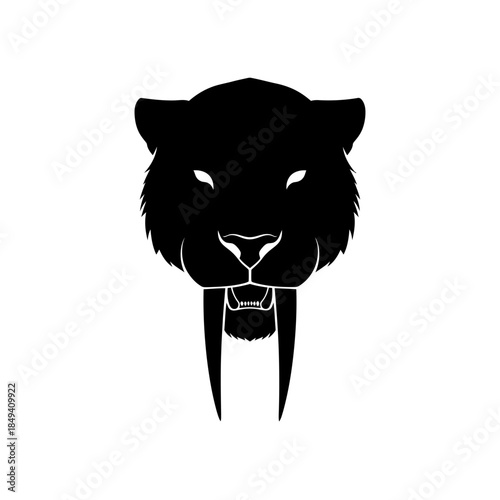 Saber Tooth Tiger Long Fangs Prehistoric Black Silhouette Vector Icon Isolated on White Background for Animal Design