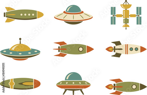 Retro spaceship and UFO illustration set, vintage rockets, satellites and flying saucers, colorful mid century sci fi vector collection