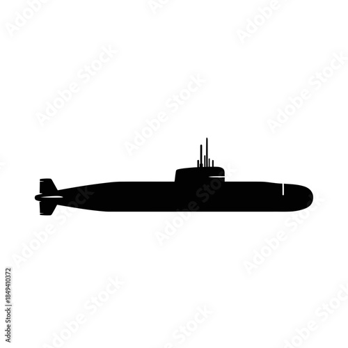 Submarine Underwater Vessel Navy Marine Black Silhouette Vector Icon Isolated on White Background for Military Design