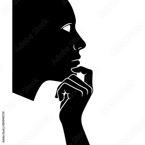 Thinking Face Hand On Chin Emoji Emotion Black Silhouette Vector Icon Isolated on White Background for Idea Design