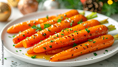 Delicious glazed carrots on a white plate with herbs