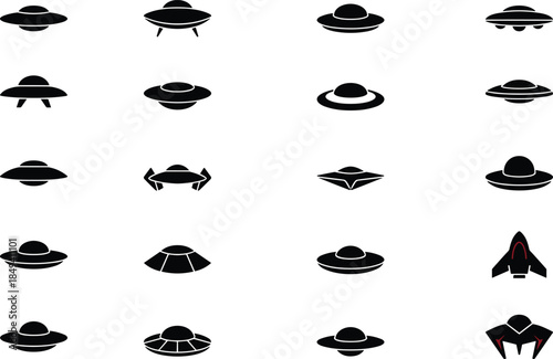 Black UFO silhouette icon set, flying saucer and alien spacecraft shapes, minimal sci fi space symbols, vector illustration collection