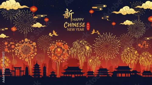 Happy chinese new year celebration with fireworks and lanterns