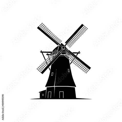 Windmill Farm Energy Rural Turbine Building Black Silhouette Vector Icon Isolated on White Background for Agriculture Design