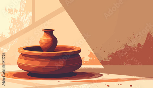 Ceramic vase resting in a large earthenware bowl, bathed in warm, directional sunlight casting distinct shadows, suggesting a tranquil domestic or artistic setting