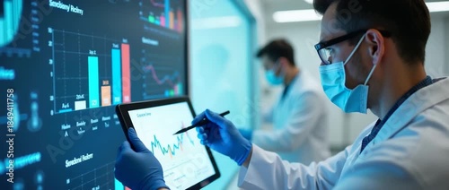 In a modern laboratory setting, scientists analyze data on digital tablets, with graphs dynamically updating; the camera steadily pans, capturing a professional and cinematic workflow atmosphere.
