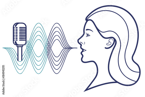 Sound Wave Illustration: An artistic portrayal of audio, depicting a delicate sound wave radiating from the silhouette of a woman. Illustrated near a vintage microphone. 