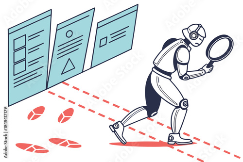 AI Detective in Action: A modern AI robot diligently analyzes data with a magnifying glass, searching for clues, navigating digital interfaces, and seeking the truth behind the scene. 