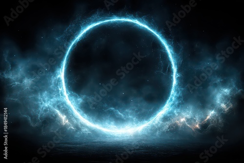 Glowing Turquoise Circle on Dark Surface with Foggy Background and Sparkling Light Effects