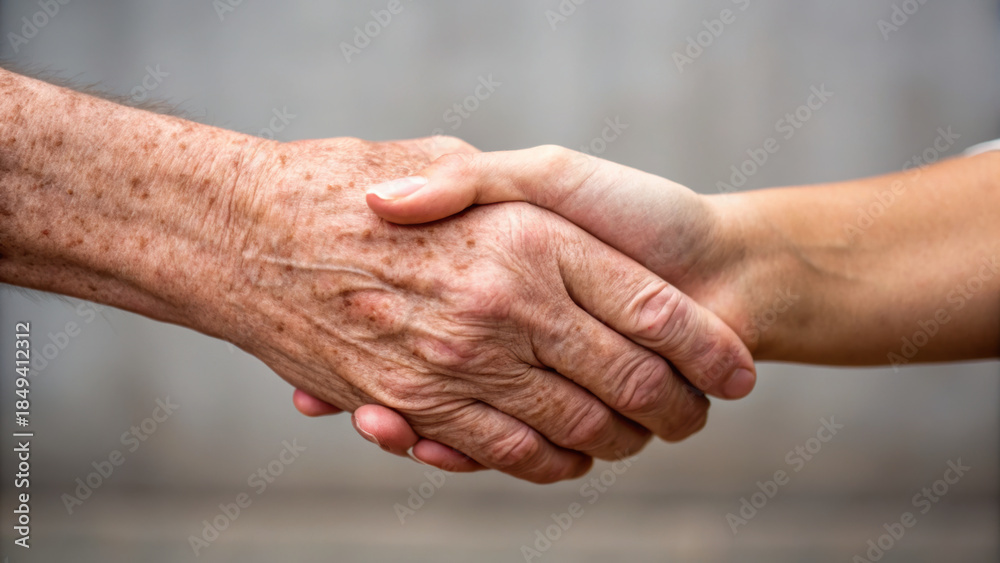 Fototapeta premium Hyper moment of authenticity captured in handshake between elderly and younger person showing connection and trust