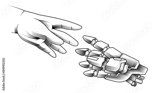 hand drawn vintage engraving vector illustration human hand reaching robot mechanical arm artificial intelligence connection collaboration future technology evolution