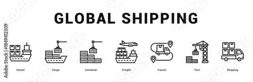 Global Shipping Modern and clean web banner illustration featuring thematic icons for visual communication
