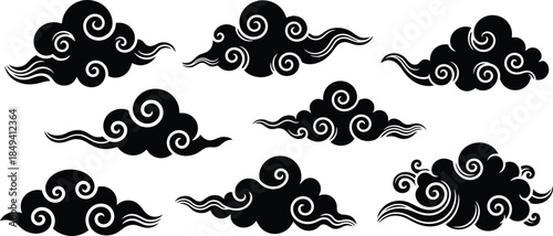 Black ornate swirling cloud graphics representing Asian artistic interpretation of atmospheric phenomena, perfect for decorative backgrounds and cultural art