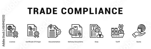 Trade Compliance Modern and clean web banner illustration featuring thematic icons for visual communication