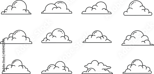 Collection of diverse cloud illustrations, showcasing a variety of shapes and styles for weather representations, sky designs, or dreamy visual elements, all in a simple, outlined cartoon aesthetic
