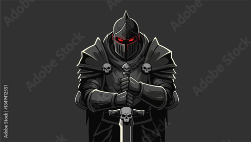 Dark knight warrior in armor holding skull sword menacingly