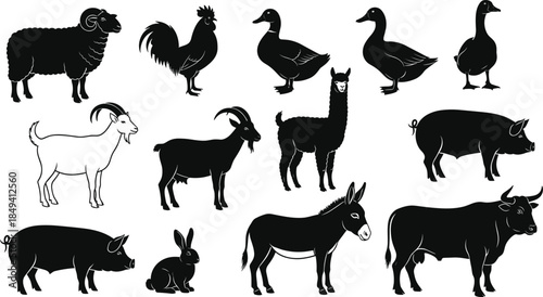 Domestic Farm Animals Silhouette Vector Collection, Livestock Including Sheep Pig Goat Rooster Duck Donkey Llama Bull Rabbit, Black and White Agricultural Icons.