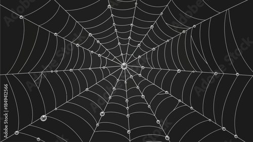 Intricate white spider web with dew drops on black background