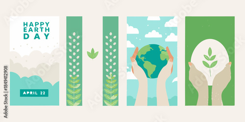 Celebrating earth day with hands cradling the planet and green foliage