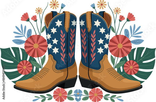 Western, cowboy, boots, illustration, floral, stars, patriotic, folk, art, fashion, footwear, country, rustic, decorative, vintage, boho, american, style, design, aesthetic