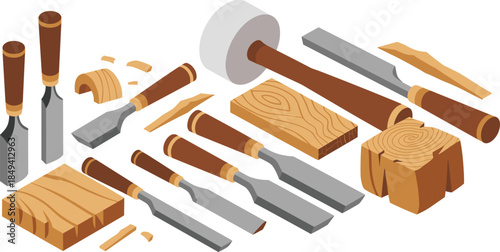 Isometric, woodworking, tools, illustration, chisels, hammer, wood, carving, craft, carpenter, workshop, equipment, handmade, furniture, making, vector, design, craftsmanship, construction, industry