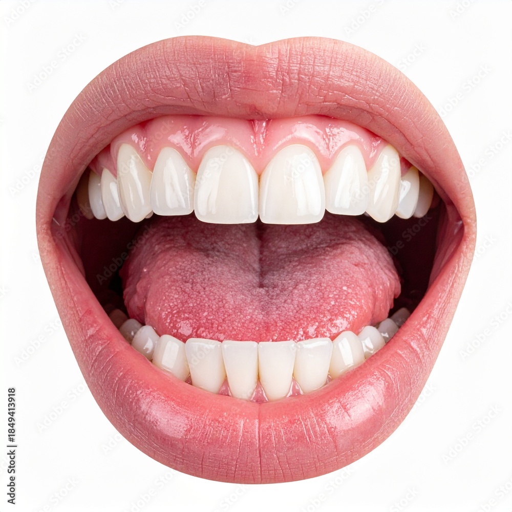 Obraz premium Close-up of a healthy mouth with white teeth and pink lips, showing the tongue.