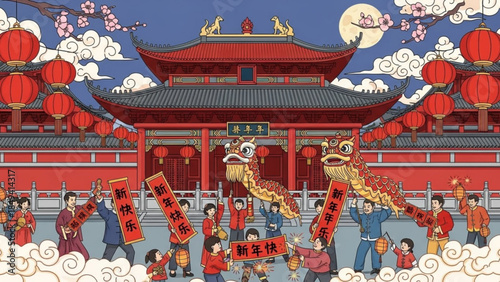 Vibrant chinese temple scene with dragon dance performance