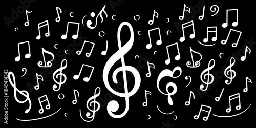 A beautiful arrangement of musical notes and treble clefs on a black background
