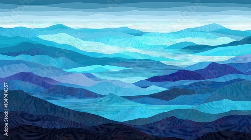 Pixel Art of Mountain Range with Blue Hues and a Water Body in the Distance