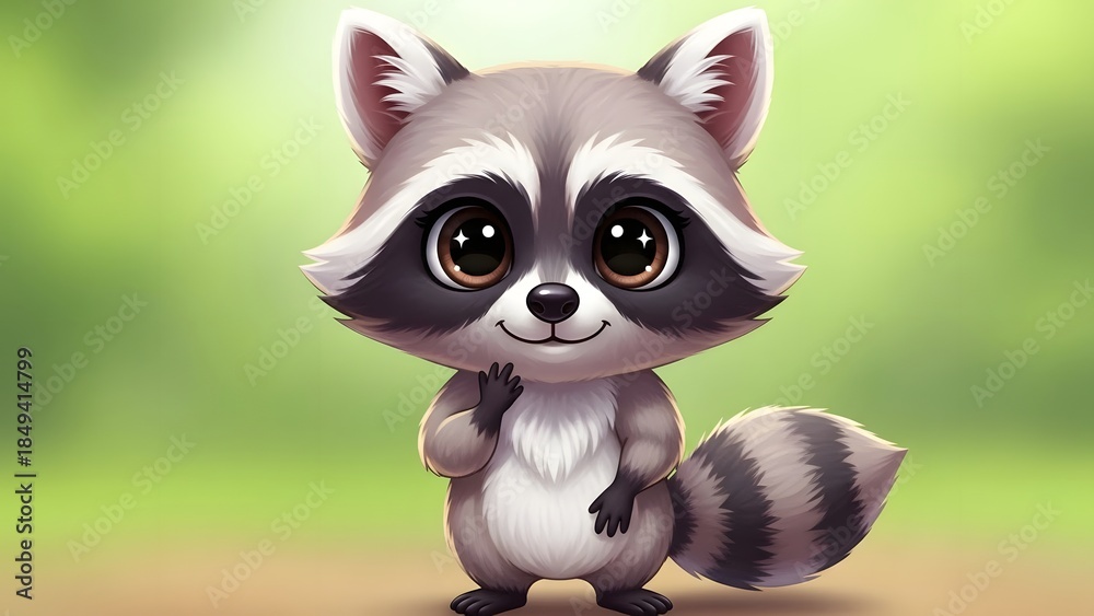 Obraz premium A charming and adorable illustration of a baby raccoon with big expressive eyes and a friendly smile, perfect for children's designs, stickers, and nursery decor.