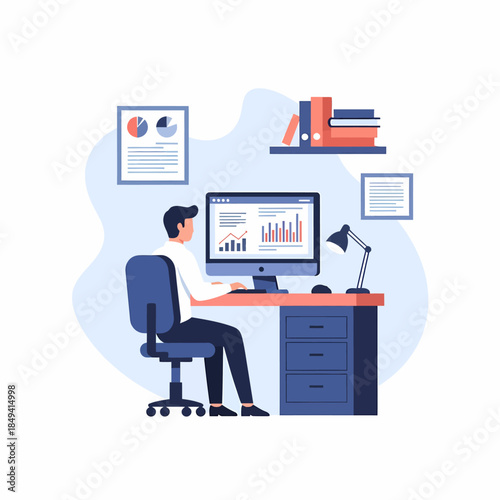 Financial Analyst Working on Computer with Charts